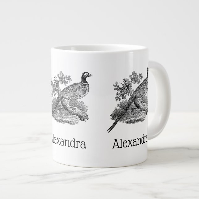 Gammal teckning av fasan, villebråd, svartvitt jumbo mugg (Framsida höger)