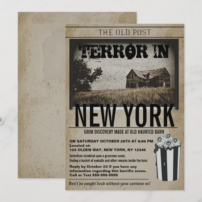 Gammal tidningspapper Haunted Barn Halloween fest Inbjudningar (Fram/baksida)