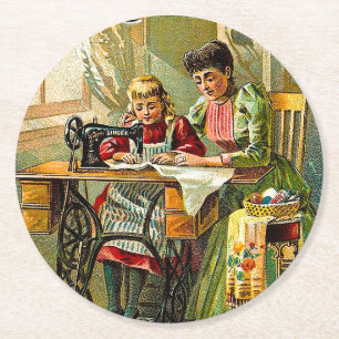 Gammal TIme Singer Sewing Maskin Mor och Dotter Underlägg Papper Rund