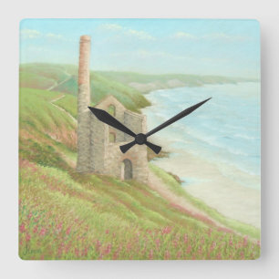 Gammal Tin bryter, kustenvägen, Cornwall i pastel Fyrkantig Klocka
