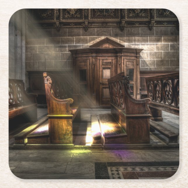 Gammal träkyrka Bench med Kneeler Underlägg Papper Kvadrat (Framsidan)