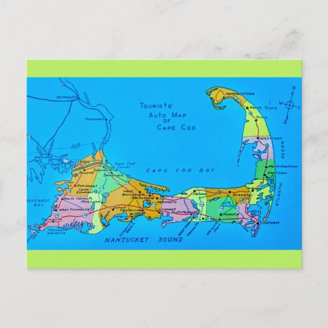 Gammal turistkarta över Cape Cod Vykort (Framsida)