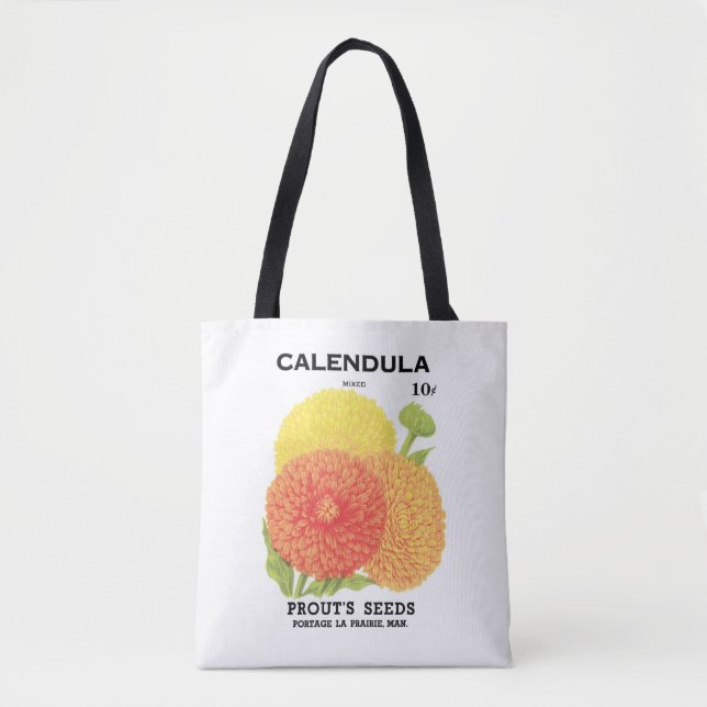 Gammal utsädesskötsel Etikett Konst, Calendula Blo Tygkasse (Framsida)