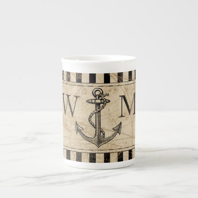 Gammal världskarta Nautical Anchor Monogram Benporslin Mugg (Framsidan)