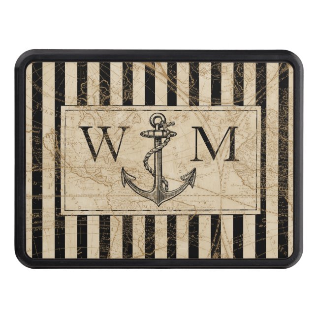 Gammal världskarta Nautical Anchor Monogram Dragkroksskydd (Framsidan)