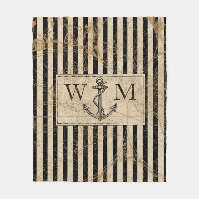 Gammal världskarta Nautical Anchor Monogram Fleecefilt (Framsidan)