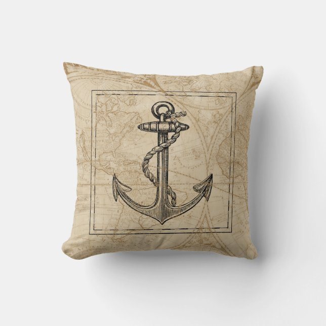 Gammal världskarta Nautical Anchor Monogram Kudde (Framsida)