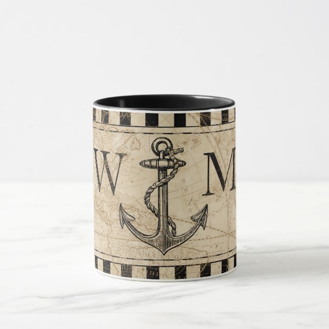 Gammal världskarta Nautical Anchor Monogram Mugg (Center)