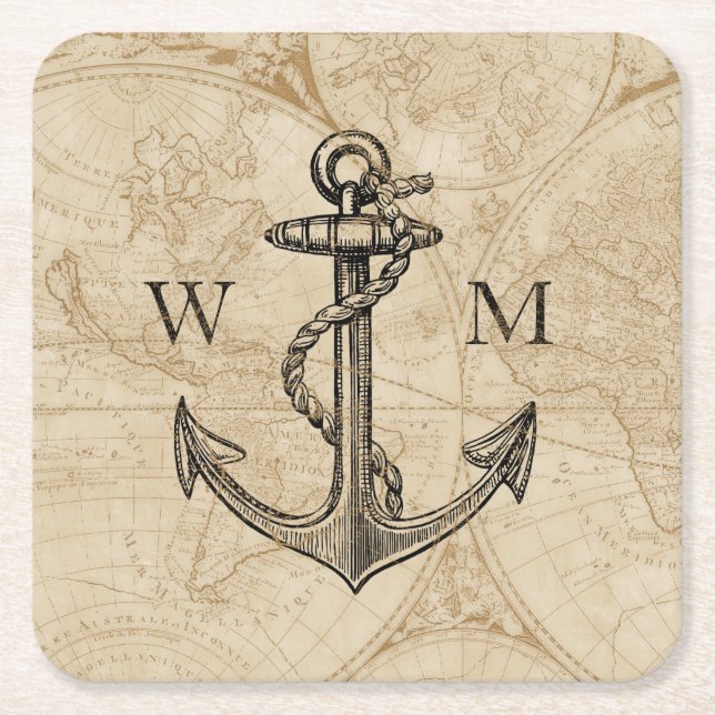 Gammal världskarta Nautical Anchor Monogram Underlägg Papper Kvadrat (Framsidan)