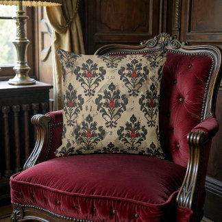 Gammal viktoriansk svart röd och beige damask kudde
