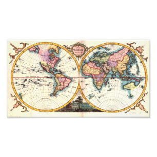 Gammal Vintage Antique världskarta illustration te Fototryck