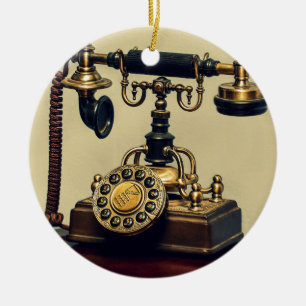 Gammal Vintage Brass roterande telefon Mobil Julgransprydnad Keramik