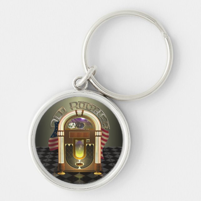 Gammal vippa högvärdiga Keychains för Jukebox Rund Silverfärgad Nyckelring (Framsidan)