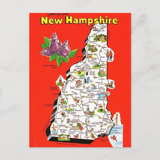 Gammal vykort med karta över New Hampshire (Framsida)