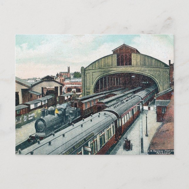 Gammal vykort - Station, Penzance, Cornwall (Framsida)