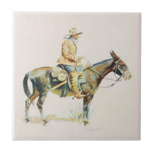 Gammal western Cowboy som rider en Mule Kakelplatta
