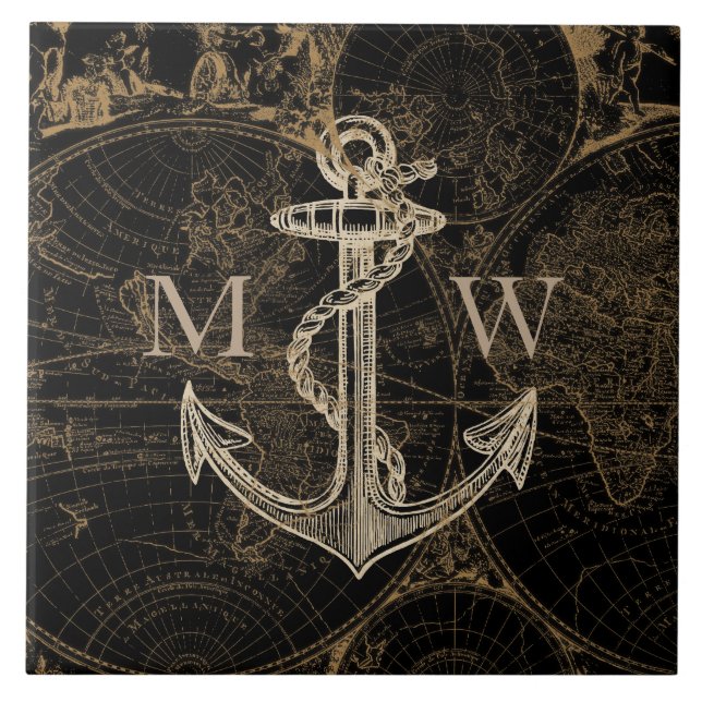 Gammal World Journey Anchor Nautical Black Kakelplatta (Framsidan)