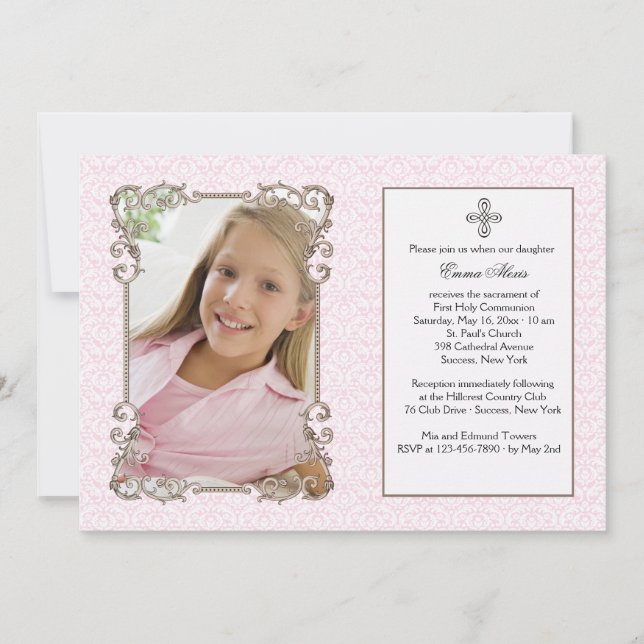 Gammal World Rosa Damask Photo Religiösa Inbjudan (Framsida)