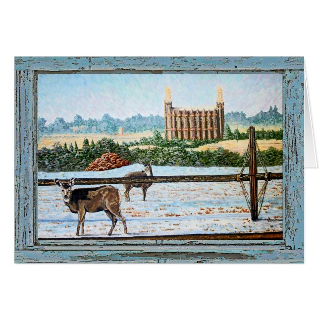 Gammala fönstertempelblått hälsningskort (Framsidan Horizontal)