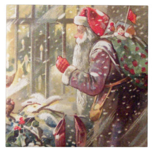 Gammala St Nicholas med gåvor i snövintage Kakelplatta