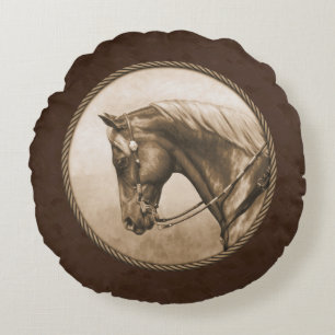 Gammala västern Quarter Horse Sepia Brown Rund Kudde