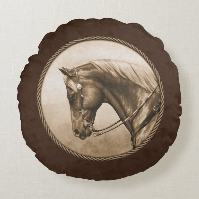 Gammala västern Quarter Horse Sepia Brown Rund Kudde (Framsidan)