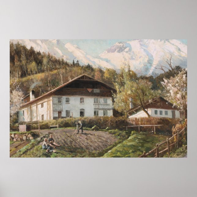 Gammaldags Alpin Bondgård Vårlandskap Poster (Framsidan)