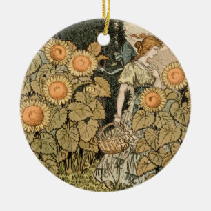 Gammaldags Art Nouveau August Solros Trädgårdskons Julgransprydnad Keramik