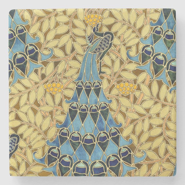 Gammaldags Art Nouveau Blå Påfågel Blommönster Stenunderlägg (Framsidan)