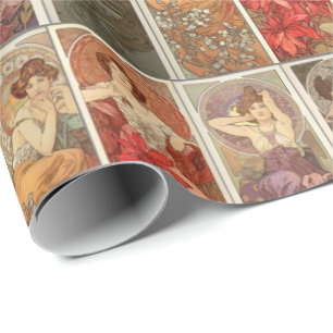 Gammaldags Art Nouveau Mucha Mönster med ädelstena Presentpapper