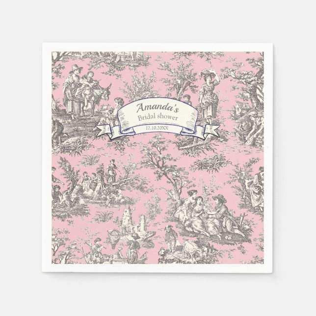 Gammaldags blommig rosa grå toile de jouy pappersservett (Framsidan)