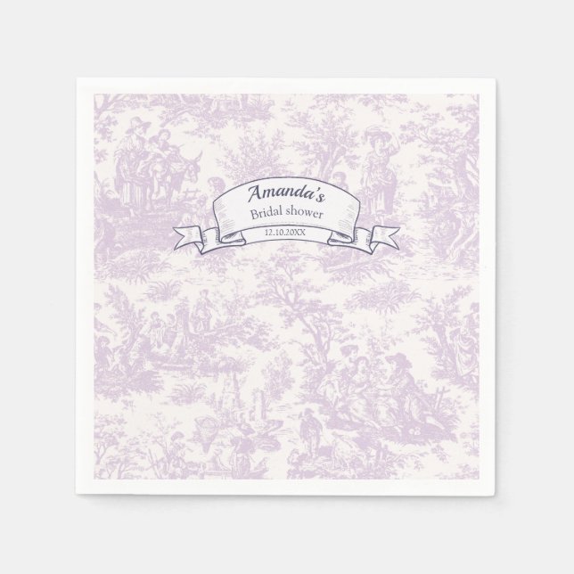 Gammaldags blomstergardin med lila tryck i toile d pappersservett (Framsidan)