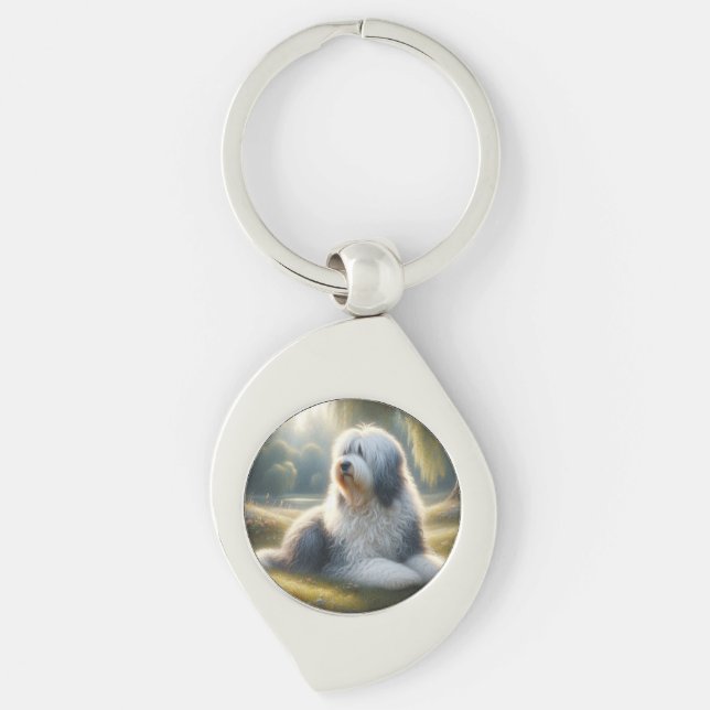 Gammaldags engelsk fårhund swirl silverfärgad nyckelring (Framsidan)