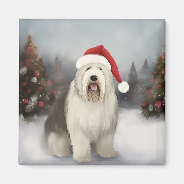 Gammaldags fårhund i jul snö magnet (Framsidan)