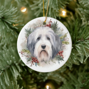 Gammaldags Fårhund Julkrans Festliga Valp Julgransprydnad Keramik