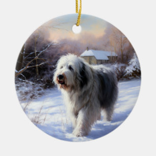 Gammaldags Fårhund Låt Det Snöa Jul Julgransprydnad Keramik