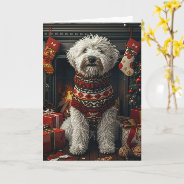 Gammaldags fårhund vid julklappsbrandkamin kort (Gul blomma)