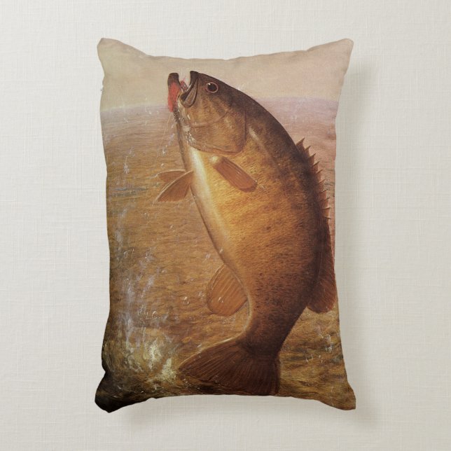 Gammaldags Fiske, Liten Abborre på Krok i vattnet Prydnadskudde (Framsidan(Vertikal))