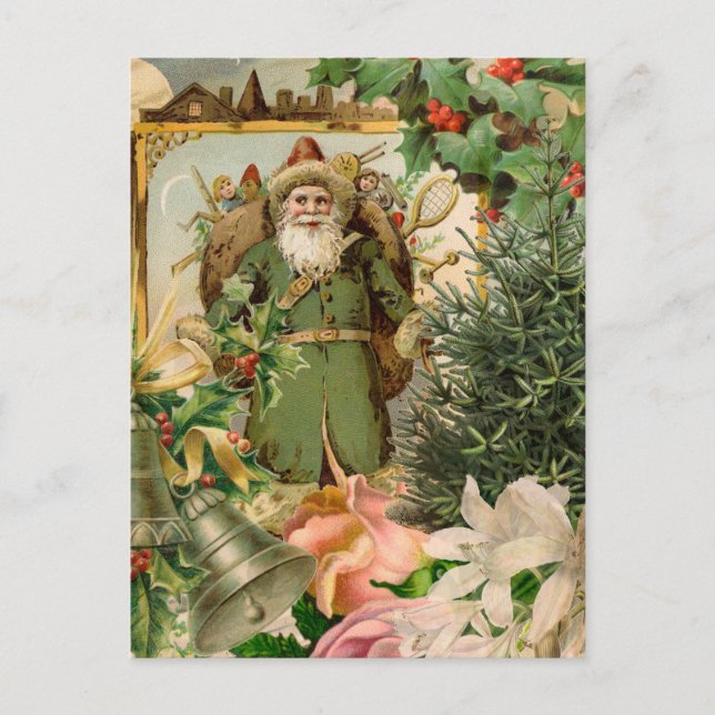 Gammaldags Grön Tomte Jul Collage Antik Helg Vykort (Framsida)
