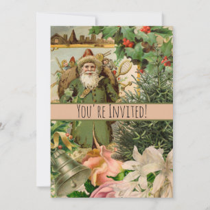 Gammaldags Grön Tomte Jul Collage Antik Inbjudningar