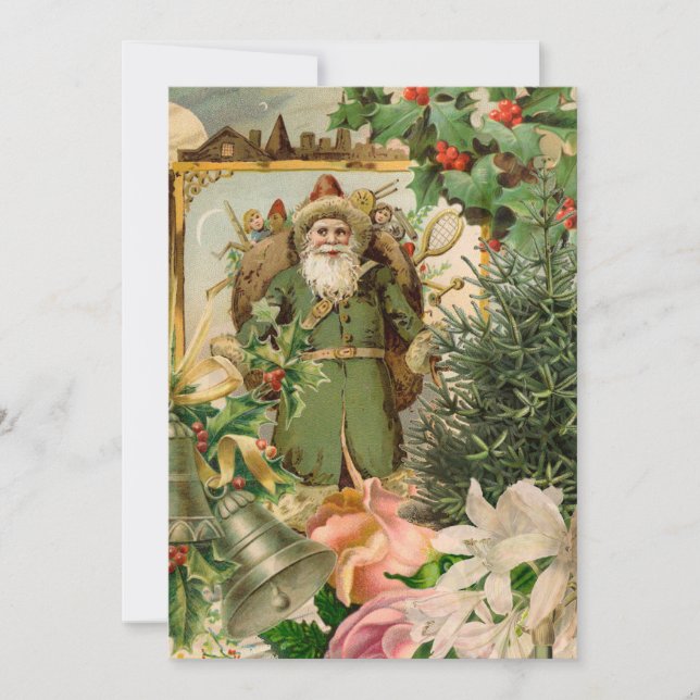 Gammaldags Grön Tomte Jul Collage Antik Julkort (Framsida)