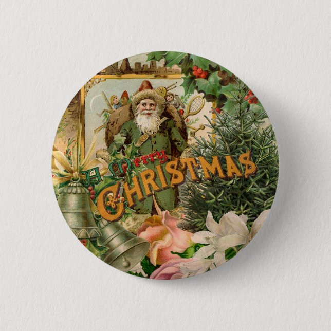 Gammaldags Grön Tomte Jul Collage Antik Knapp (Framsida)
