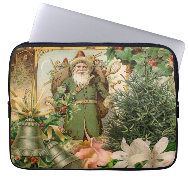 Gammaldags Grön Tomte Jul Collage Antik Laptop Fodral (Framsidan)