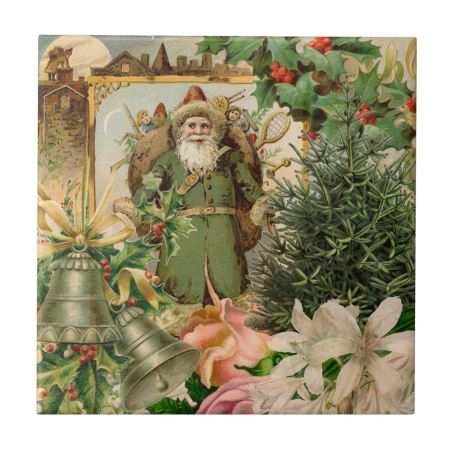 Gammaldags grön tomte jul collage antikt kakelplatta (Framsidan)