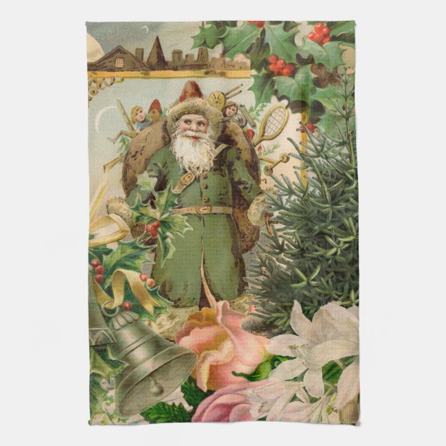 Gammaldags grön tomte jul collage antikt kökshandduk (Vertikal)