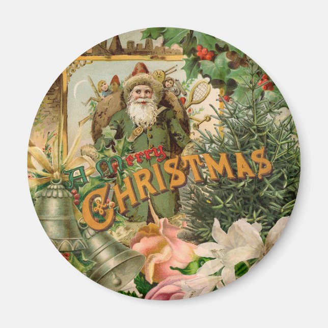 Gammaldags grön tomte jul collage antikt magnet (Framsidan)
