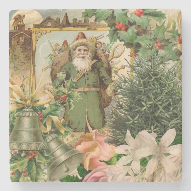 Gammaldags grön tomte jul collage antikt stenunderlägg (Framsidan)