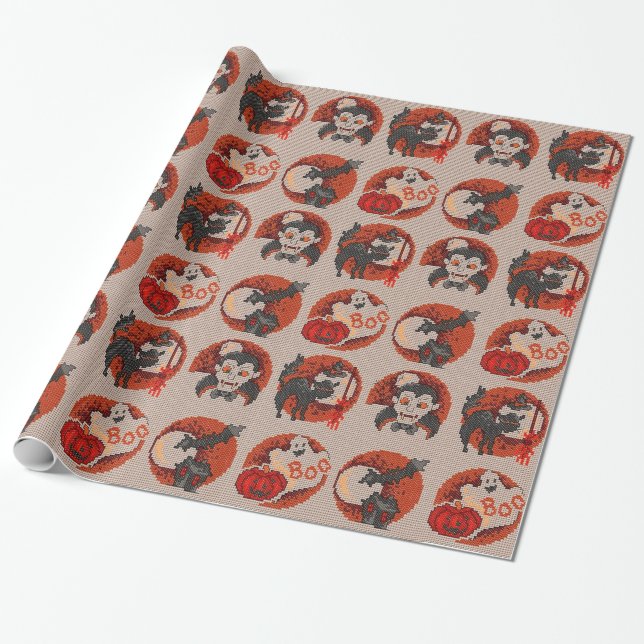 Gammaldags Halloween Falsk Korsstygnspapper Presentpapper (Utrullad)