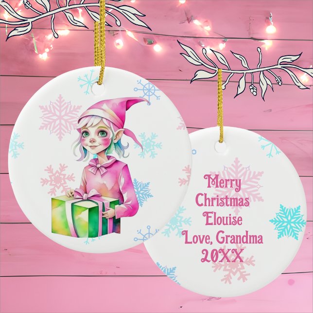 Gammaldags jul-tomte-flicka i rosa julgransprydnad keramik (Skapare uppladdad)