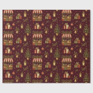 Gammaldags julmarknad Burgundy inslagspapper Presentpapper